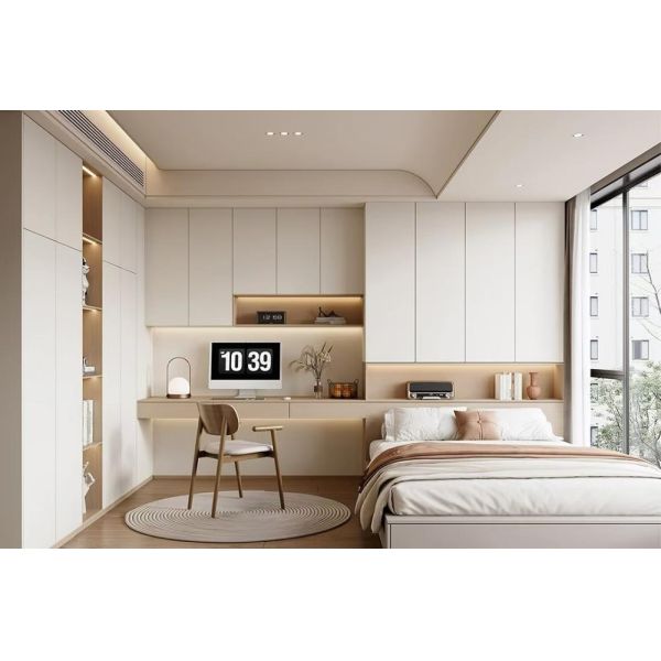 Cream Wood Grain Handle-Free Integrated Wardrobe Floating Desk & Bedside Background Cabinet
