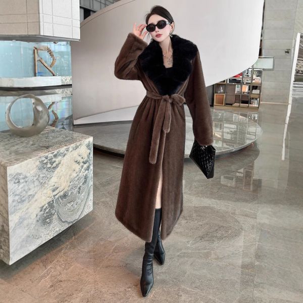 Elegant Plus Size  Long Faux Fur Coat Dark Brown  Faux Ladies Coats V Neck