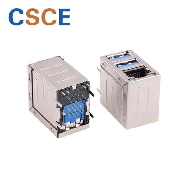 8P8C LED RJ45 To USB Connector / Stacked Over Cat5 RJ45 Connector Dual Port