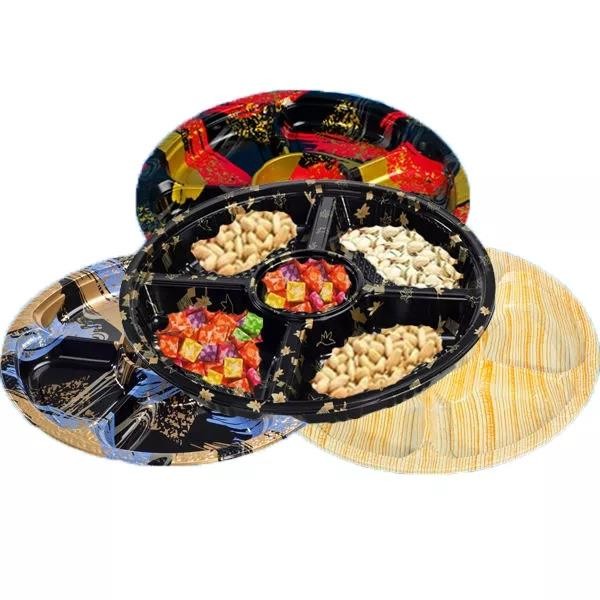 Clear Plastic Sushi Box Black Pattern Golden Maple Leaf 5 Compartments With Lid