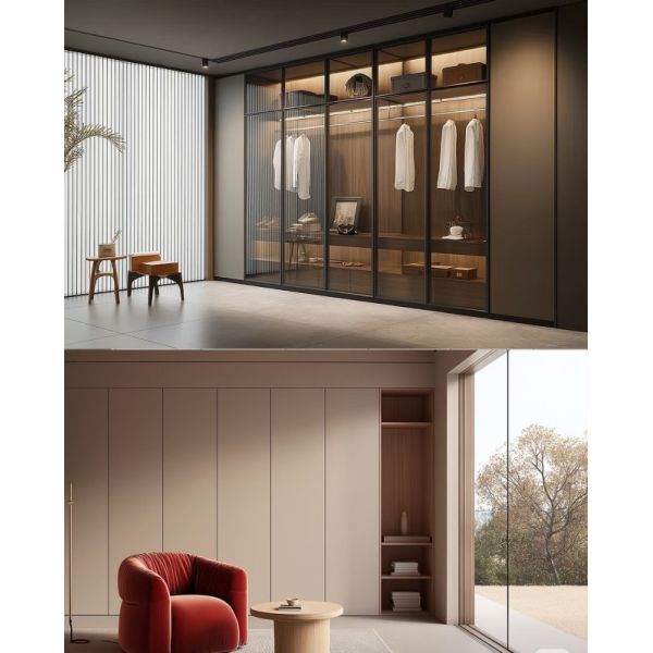 Italian Dark Gray Metal Frame Smoke Glass Walk-In Wardrobe Full Wall Closet