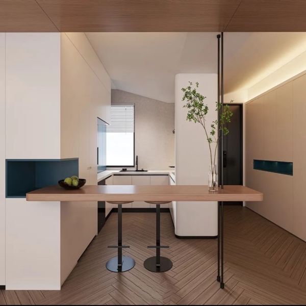 Modern Cream Light Wood Minimalist Integrated Living-Dining-Kitchen Custom Cabinet System, Full Wall Handle-Free Concealed Cabinet, Dining Side Bar, Coffee Water Bar & Integrated Kitchen Cabinet