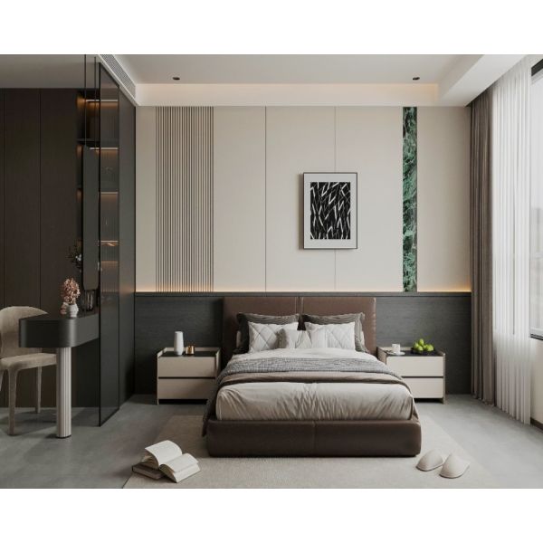 Modern Italian Quiet Luxury Light & Dark Oak Two-Tone Whole House Integrated Custom Cabinet System, Living Room TV Fireplace Wall, Dining Marble Backlit Sideboard, Master & Secondary Bedroom Wardrobe,
