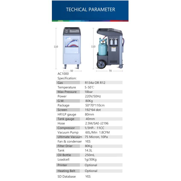 1.8CFM Auto Air Conditioning AC Refrigerant Recovery Machine AC1000
