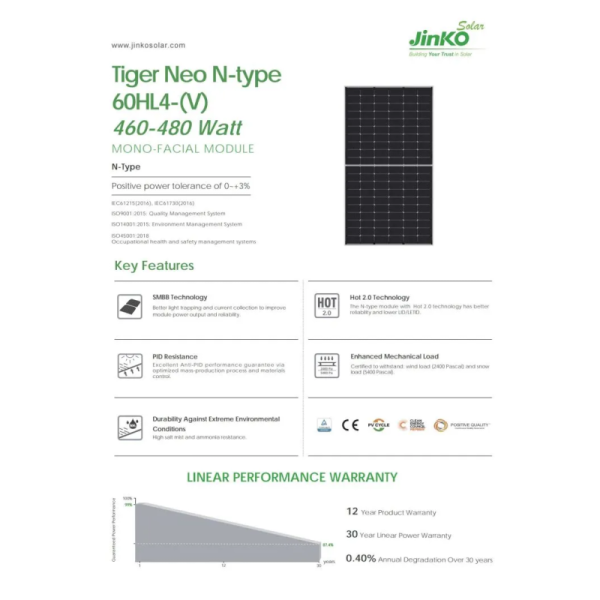 460W 465W Jinko N Type Solar Panels 470W 475W 480W Mono Perc Half Cell Solar Panels