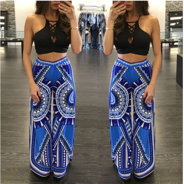 breathable loose cotton printed long blue trouser with elastic waist