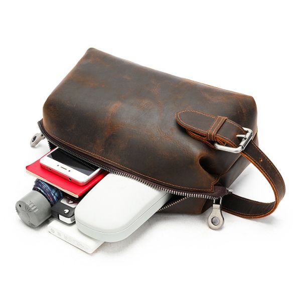 Crazy horse leather vintage toiletry bag Genuine Leather Woven Clutch Bag Unisex Portable Handheld Storage Bag Leather Large Capacity Toiletry Bag Wholesale