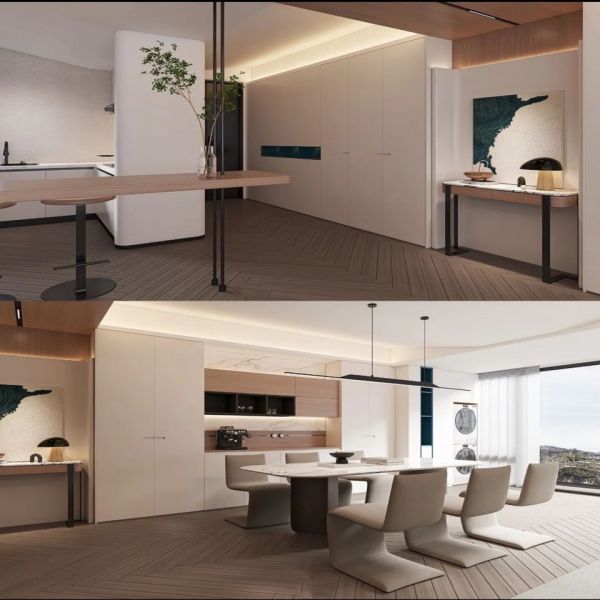 Modern Cream Light Wood Minimalist Integrated Living-Dining-Kitchen Custom Cabinet System, Full Wall Handle-Free Concealed Cabinet, Dining Side Bar, Coffee Water Bar & Integrated Kitchen Cabinet