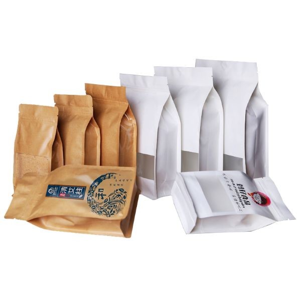 Custom White Kraft Paper Packaging Bags Eight Sides Seal Matt Varnish For Display