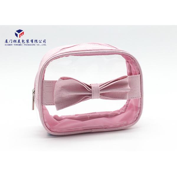 Embossed Pink PU Leather Bag Super Clear Soft PVC Window Leather Cosmetic Bag