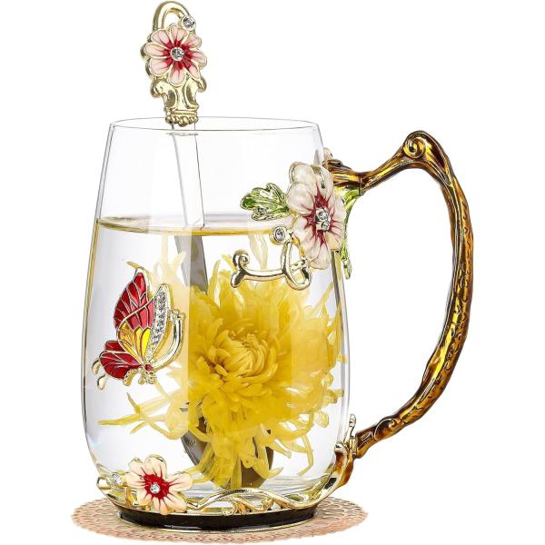 4 Sets Flower Tea Cups Vintage Glass Coffee Mugs With Spoon