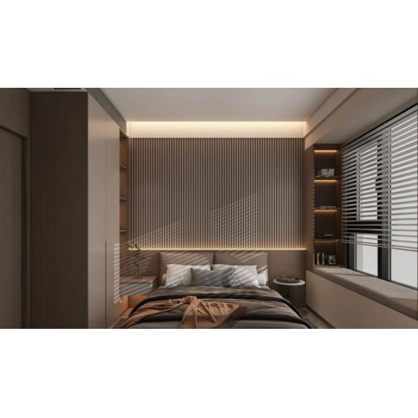 Two-Tone Dark Wood Fluted Headboard Wall Integrated Wardrobe & Window Bay Display Cabinet