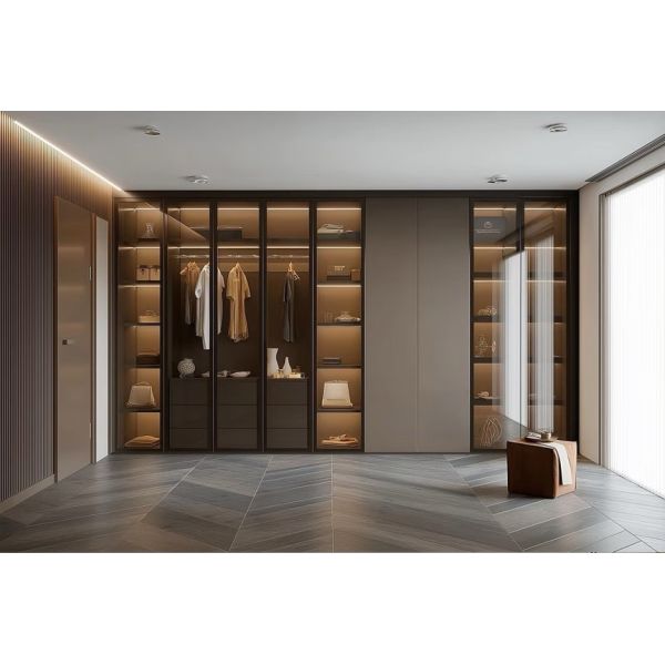 Italian Two-Tone Dark Gray Metal Frame Smoke Glass Walk-In Wardrobe With Full Backlit Multi-Layer Storage