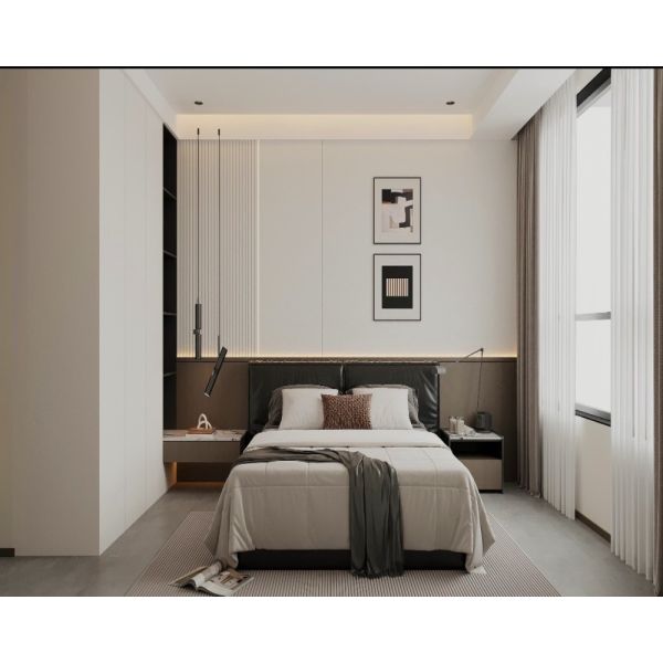 Modern Italian Quiet Luxury Light & Dark Oak Two-Tone Whole House Integrated Custom Cabinet System, Living Room TV Fireplace Wall, Dining Marble Backlit Sideboard, Master & Secondary Bedroom Wardrobe,