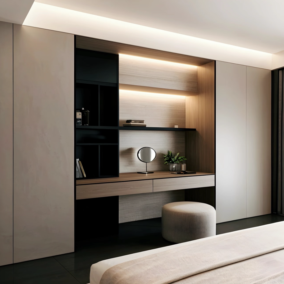 Modern Minimalist Two-Tone Wood Handleless Whole Wall Custom Cabinet Wardrobe / Vanity Desk / TV Display Cabinet / Sideboard / Bed Background Panel