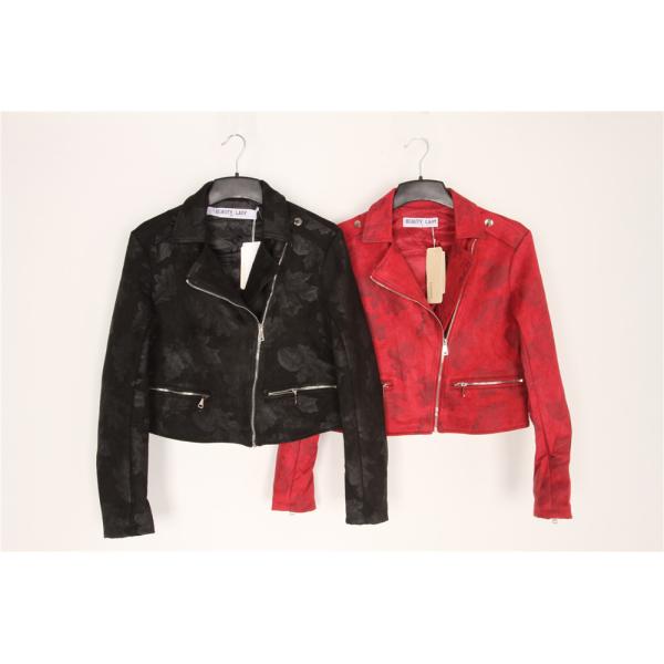 Black Red Cropped Ladies Suede Bomber Jacket With Jacquard Weave