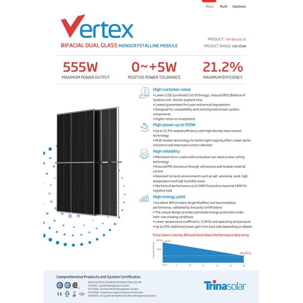 535W-555W Trina Solar Panel 210mm Mono Bifacial Solar Panel 545 w Solar Pv Power