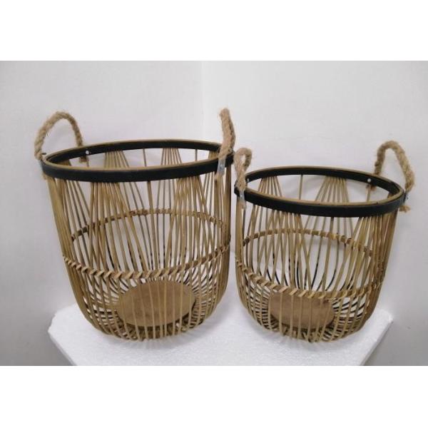 ZHONGYI Set Of 2 Round Bamboo Floor Baskets With Rope Handle, Brown