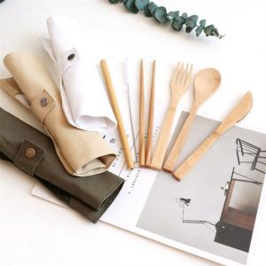  Travel Organic Bamboo Spoon Fork Chopsticks Flatware Utensil Cutlery Set In Pouch Manufactures