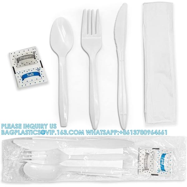 Individually Wrapped Plastic Cutlery Set With Napkin + Salt & Pepper Packets In White (250 Count) Prewrapped