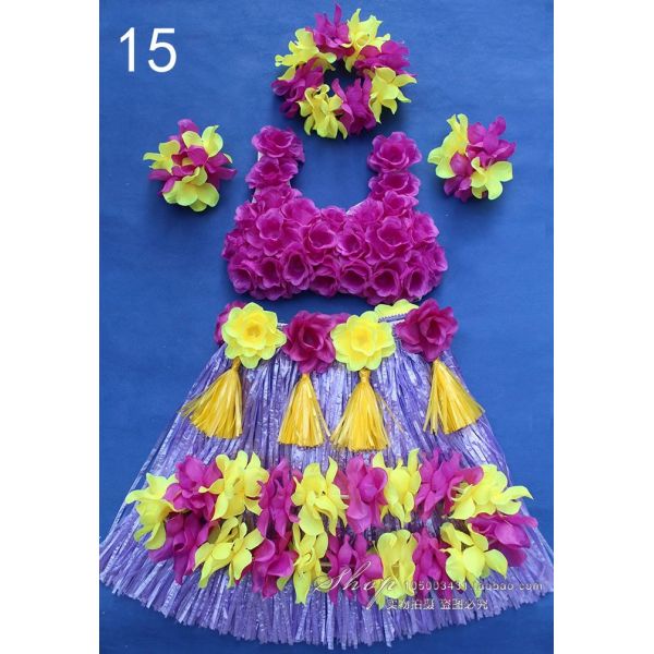 China Manufacturer 30pcs/set Fiber Girls Grass Hula Skirt (Yellow, Green, Fushcia)
