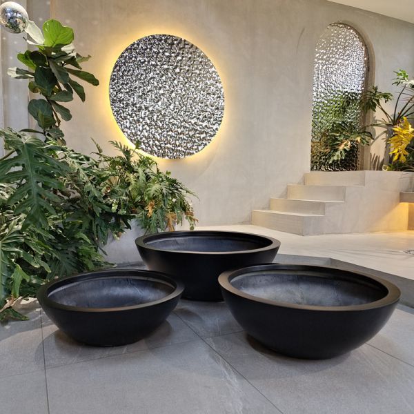 Bowl Shape Black Fiberglass Plant Pots for Garden Home Floor