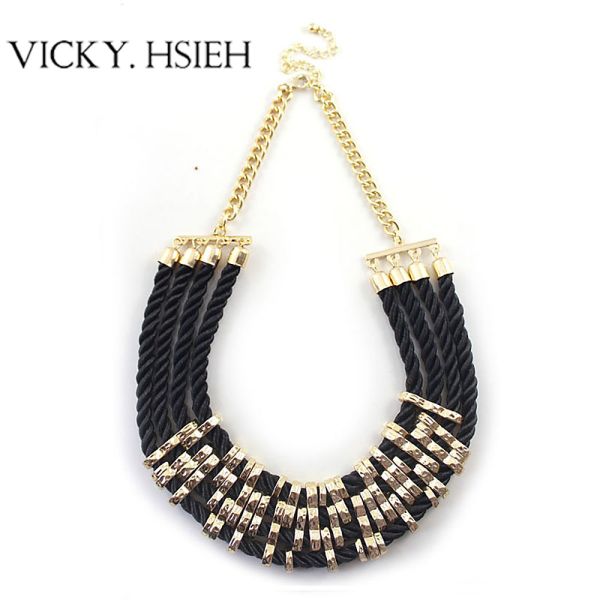 VICKY.HSIEH Gold Tone 4 Layer Rope Metal Link Black Choker Necklace