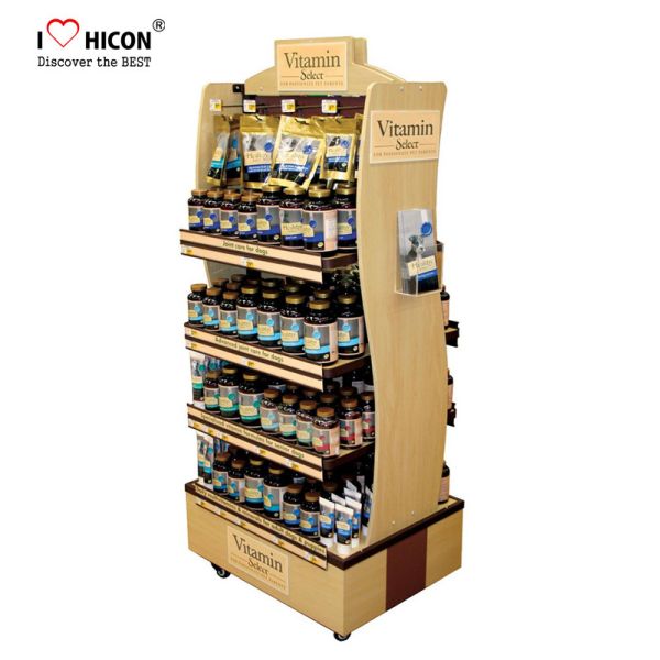Food Movable Wood Display Stand Flooring Environmental With Caster