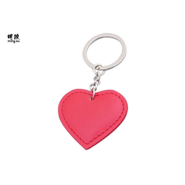 Red Leather Heart Keyring / KeyChains For Lovers , Personalised Wedding Keyrings Nickel Coating