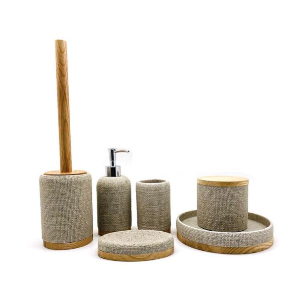 Sand color polyresin bathroom accessories set wooden base bathroom countertop accessories soap dispenser