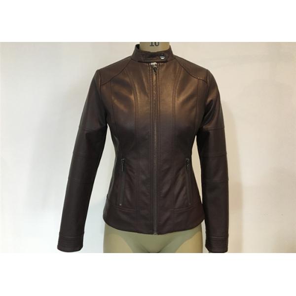 Oxblood Symmetrical Ladies PU Jacket Slim Womens Burgundy Pleather Jacket
