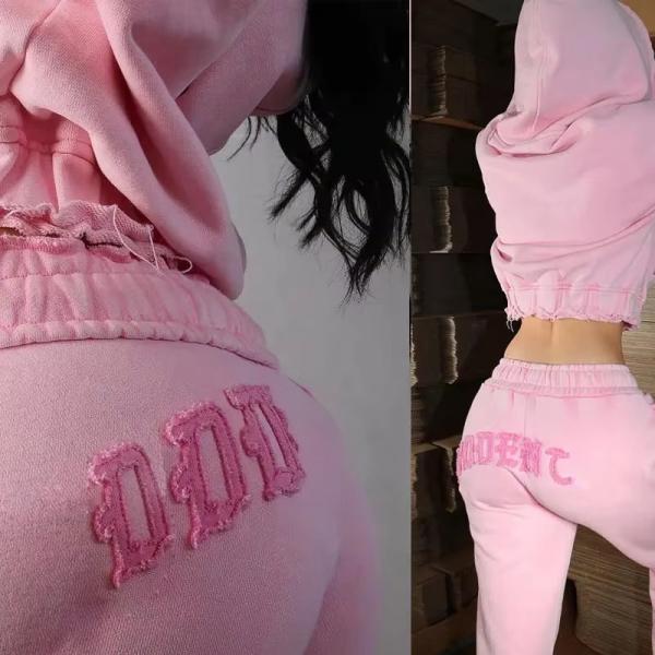 New Street Wear Custom Patch Embroidery Acid Washed Cropped Oversized Distressed Zip up Hoodie 2 Piece Set Joggers Womens