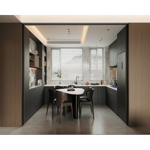 Modern Italian Quiet Luxury Light & Dark Oak Two-Tone Whole House Integrated Custom Cabinet System, Living Room TV Fireplace Wall, Dining Marble Backlit Sideboard, Master & Secondary Bedroom Wardrobe,