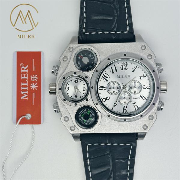 Men Quartz Dual Time Big Face Compass Watch Leather Strap Watch