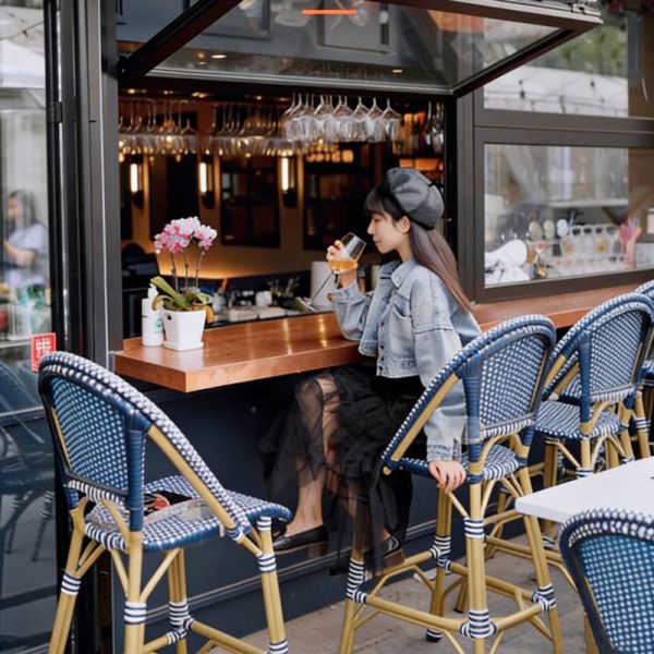 Outdoor French Bistro Chairs & Bar Stools – PE Rattan Patio Furniture with Bamboo Look Frame