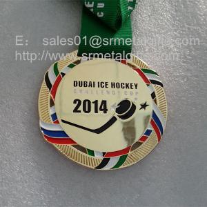  Metal ice hockey medals with ribbon, polish brass metal hockey challenge cup medals, Manufactures