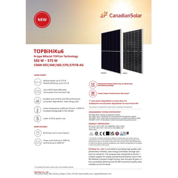555W 560W Canadian Mono Solar Panels 565W 570W Canadian Monocrystalline Solar Panels