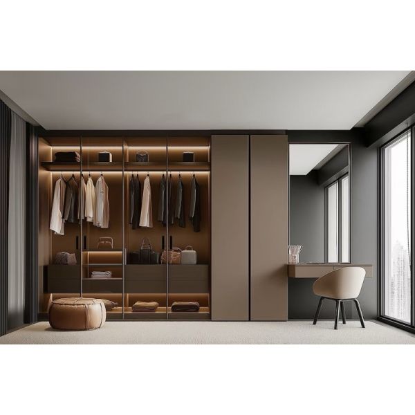 Italian Dark Coffee Glass Walk-In Wardrobe With Integrated Floating Dressing Table & Full Backlit Storage System