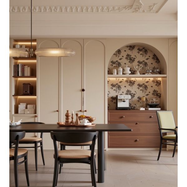 Mid-Century Cream Wood Living-Dining Custom Cabinet