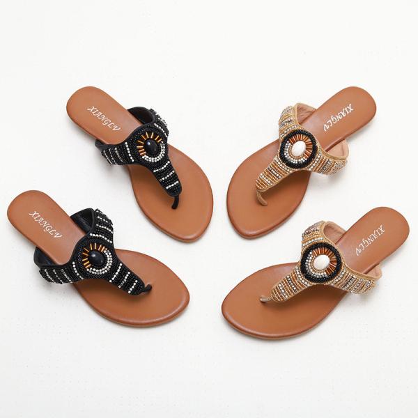 BS162 588-1 Flip-On Beach Shoes Slippers New Summer Fashion Outer Wearing Seaside Ethnic Wind Slope With Rhinestone Sand
