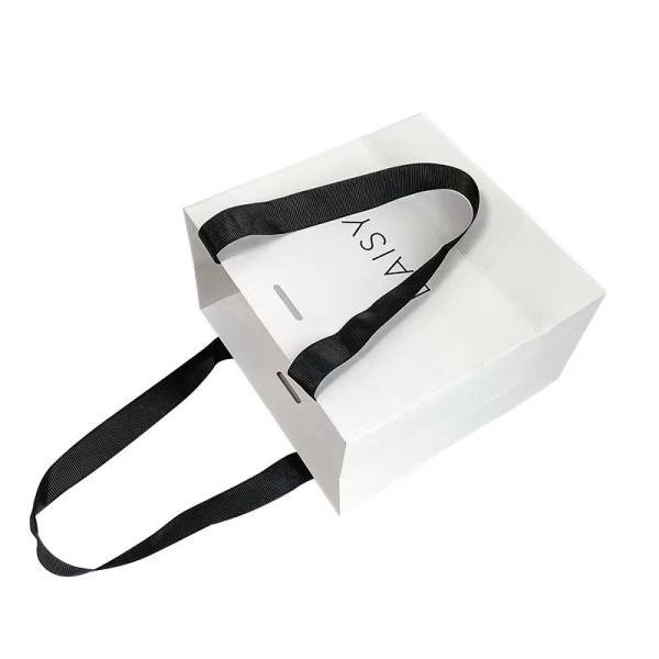 Embossing Ribbon Handle Cosmetic Paper Bags White Paper Carrier Bags