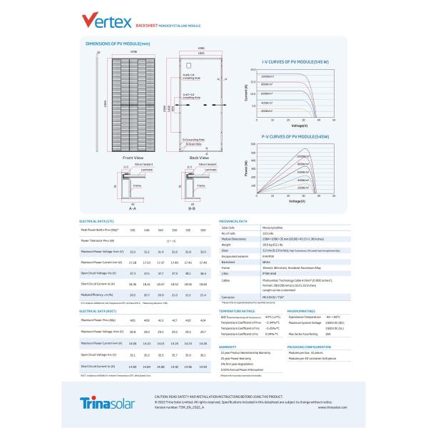 Mono PERC Vertex Trina Solar Tier 1 Pv Modules Monocrystalline Pv Cell 560W 580W