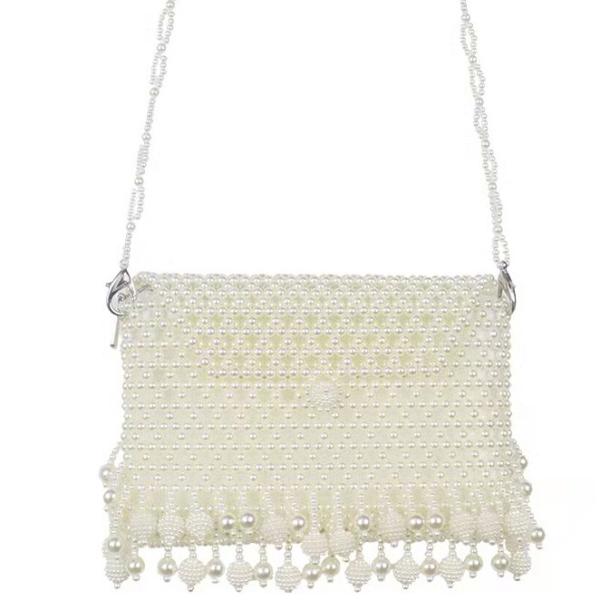 Women 6mm Pearl Hand Bags , White Woven Bead Bag Hand weaving OEM