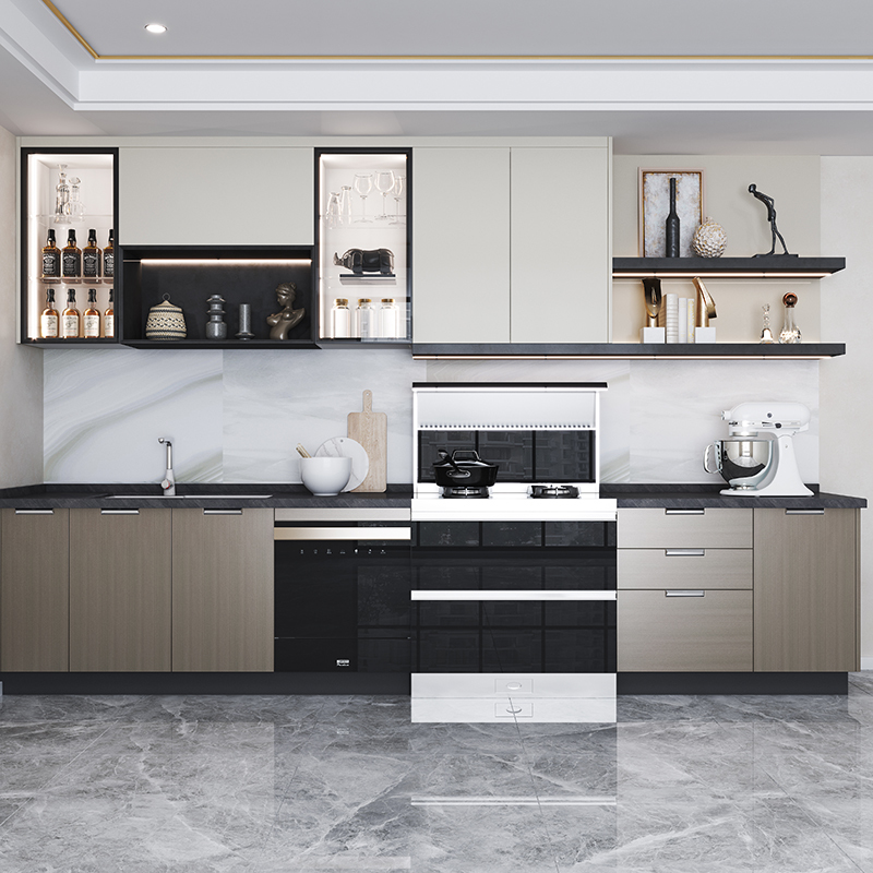 Italian Dark Wood Marble Living-Dining Custom Cabinet