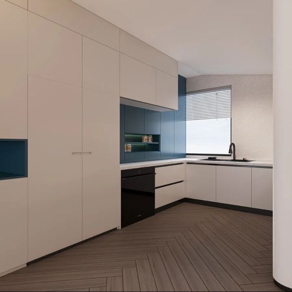 Modern Cream Light Wood Minimalist Integrated Living-Dining-Kitchen Custom Cabinet System, Full Wall Handle-Free Concealed Cabinet, Dining Side Bar, Coffee Water Bar & Integrated Kitchen Cabinet