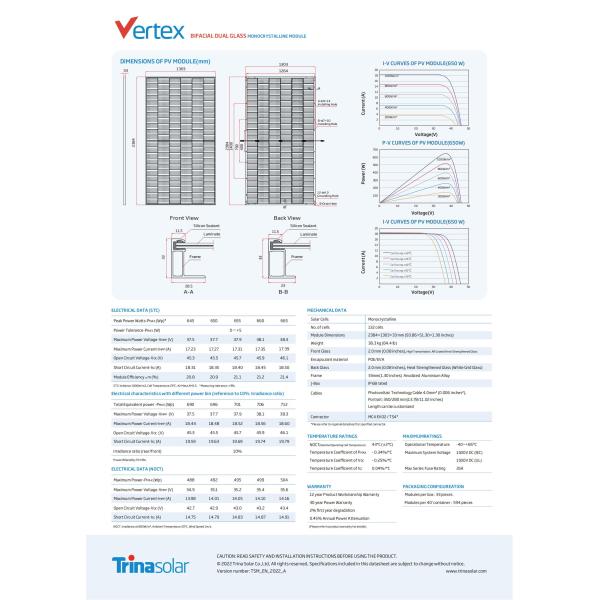 Vertex Series Trina Solar Panel Bifacial 660w 665w Solar Monocrystalline Panel With TUV