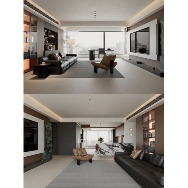 Italian Dark Wood Marble Living-Dining Custom Cabinet