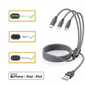 China 3 in 1 Multi Phone Cord with Type C/Micro/Lightning USB Connectors USB Charging Cable on sale