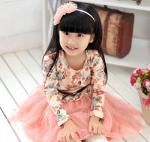 Cotton Childrens Clothes , Long Sleeves Children Dress With Print And Lace