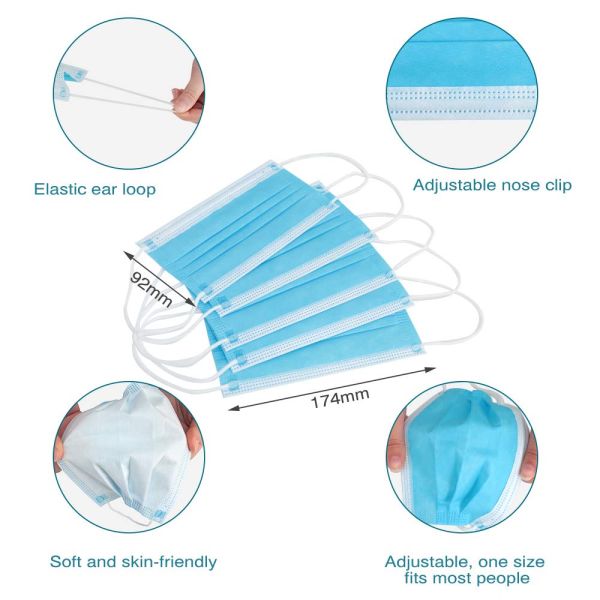 Earloop Style Blue Non Woven Face Mask , Surgical Grade 3 Layer Face Mask